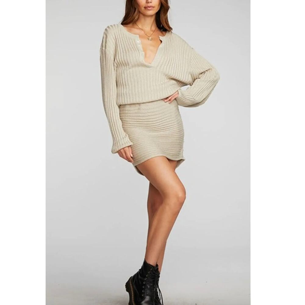 Chaser Champagne Gold Lurex Ribbed Knit Mini Dress with Shirring • Size M